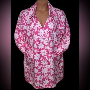 ERIKA  Size X-Large Pink  white Floral Double Breasted Cotton Coat Lined Retro